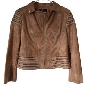Frank Lyman Montreal Faux Suede Beige/Gold Moto Jacket (213184U) Women's Large